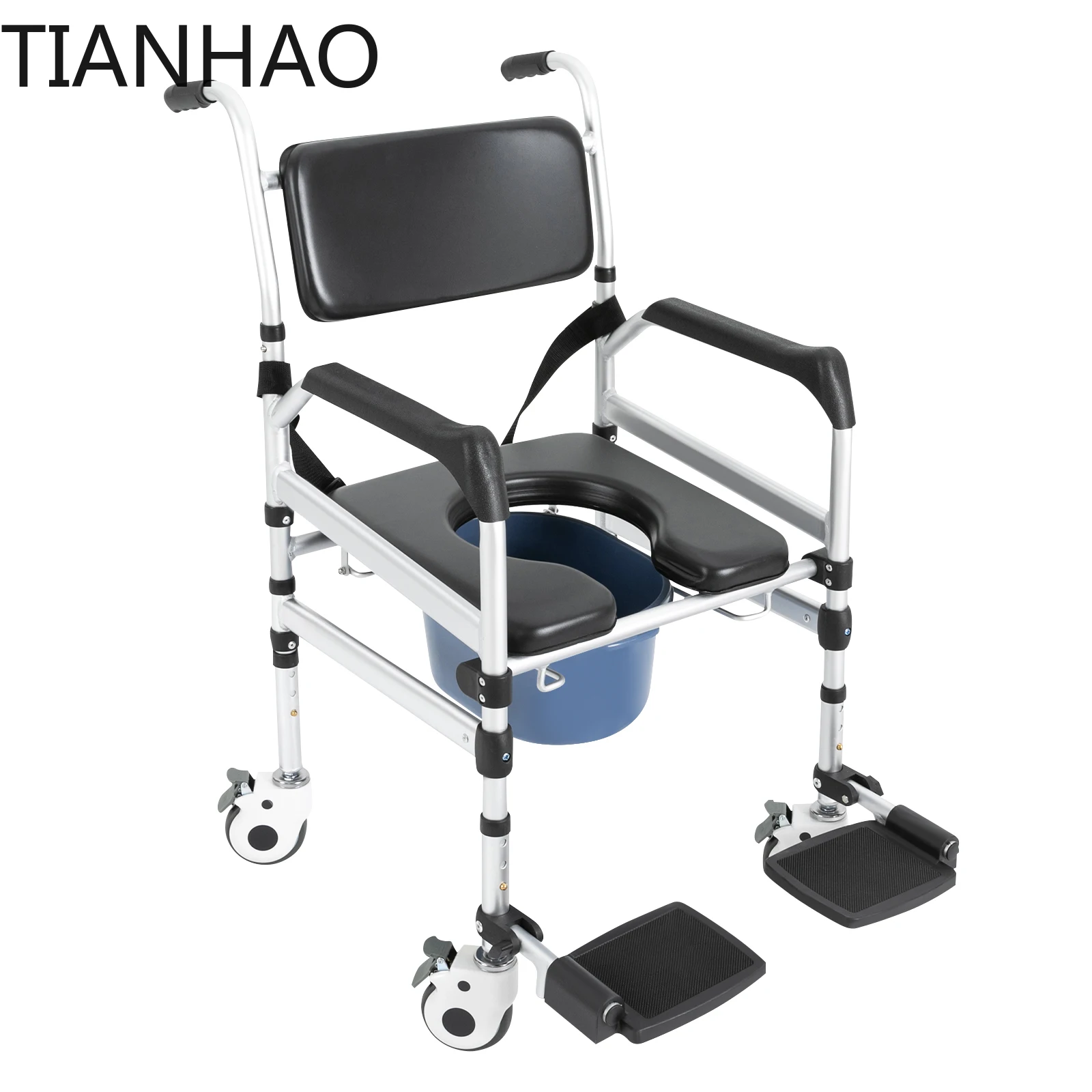 Shower and Toilet Chair for Elderly,Shower Wheelchair 160kg Load with 4 Lockable Wheels & Safety Belt for Home Use