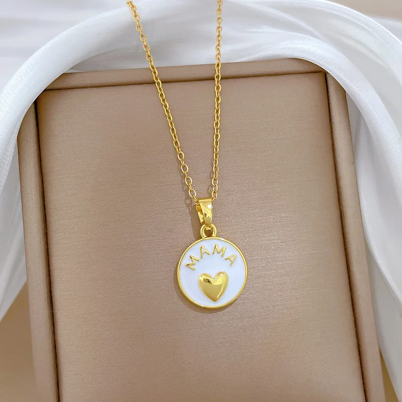 بسيطة الأبيض المينا ماما القلب جولة قلادة القلائد للنساء الذهب اللون الفولاذ المقاوم للصدأ سلسلة مجوهرات هدايا عيد ميلاد للأم