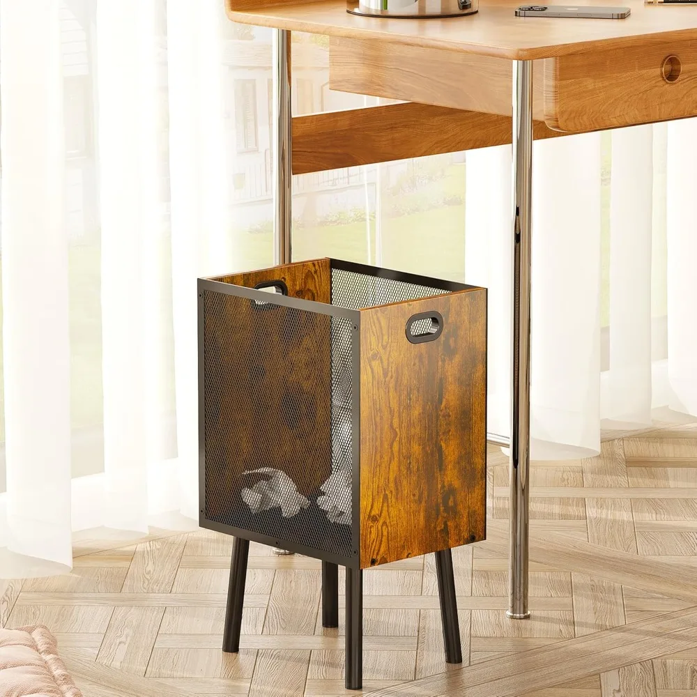 سلة مهملات مكتبية سعة 4.5 جالون للمكتب المقرب، سلة مهملات مستطيلة لغرفة النوم الخشبية مع شبكة - مقابض - ساق، صغيرة