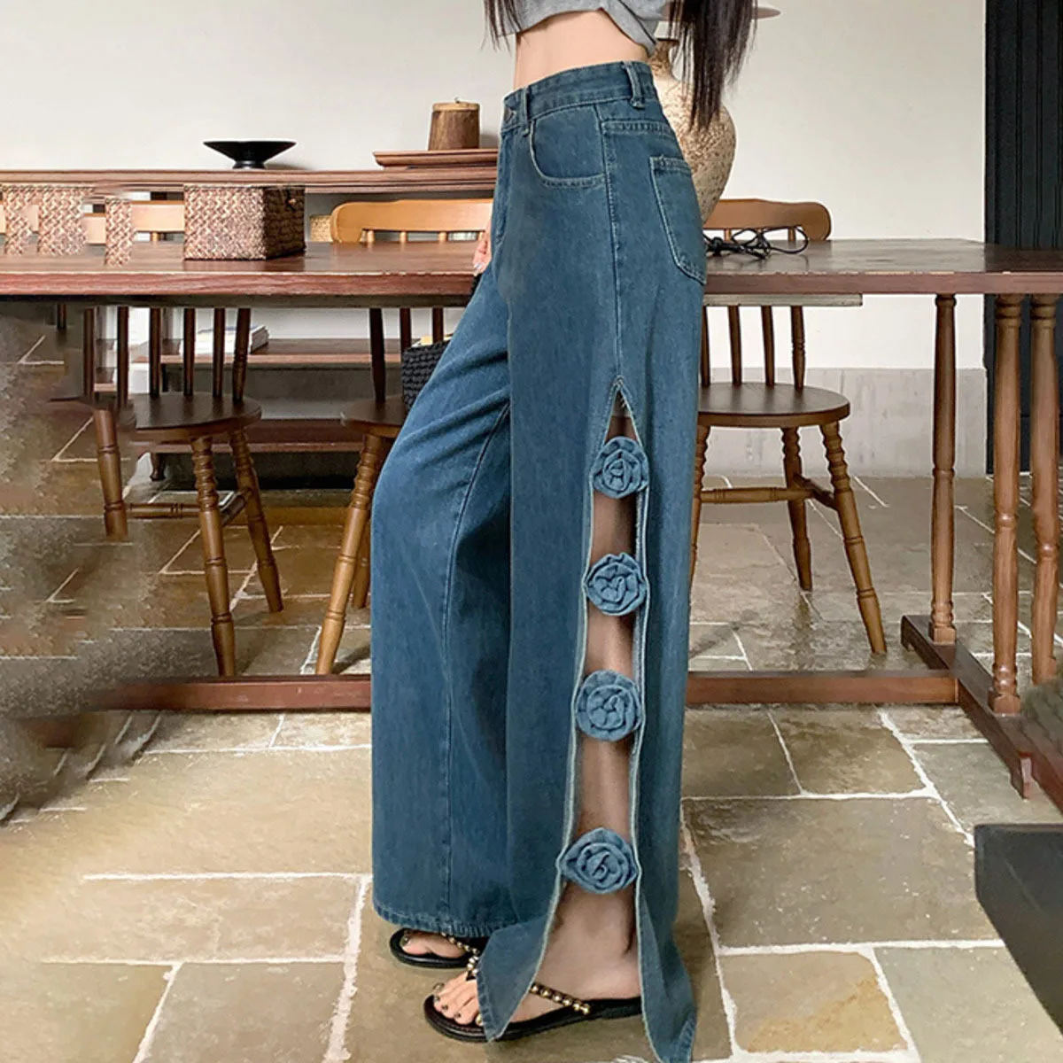 KWTX 2025 جينز نسائي أزرق عتيق بأرجل واسعة ثلاثي الأبعاد مزهّر بفتحة عالية مثير نمط الشارع أنيق مريح ربيع خريف جديد #3