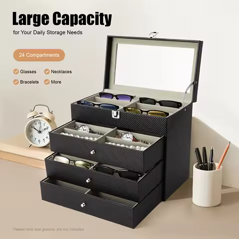 4-Tier Eyeglasses Display Case,24 Compartment Sunglass Glasses Box with Glass Lid,Sunglass Storage Organizer for Bracelet,Watch