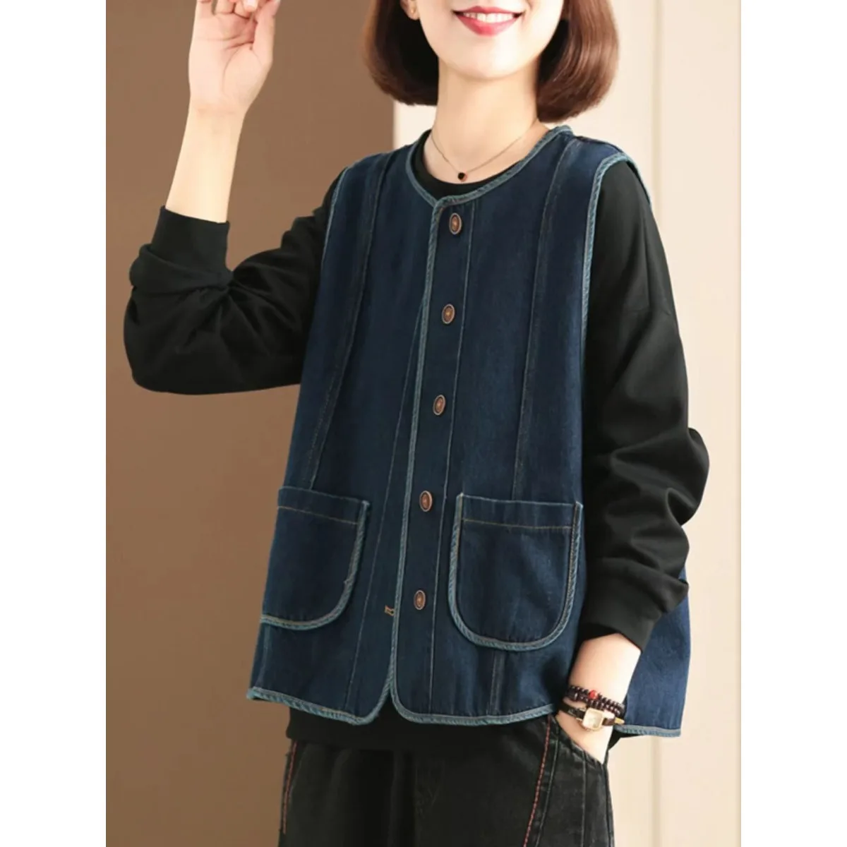 

Loose Oversize Denim Vest Women's round Ne Svel Spring Autumn Casual Korean Sle Top oulder Pad Jaet Coat