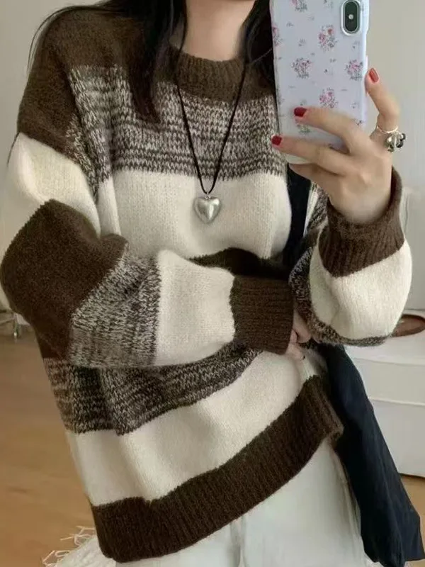 

Модный круглый трикотаж Ne Color Blo, свободный крой, полосатый свитер, женская осенне-зимняя теплая теплая длинная футболка све