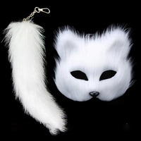 Therian Mask and Tail Set Halloween Cosplays Costume Accessorie Cats Mask Tail Half Face Faux Furs Foxes Tail Cats Mask PH034