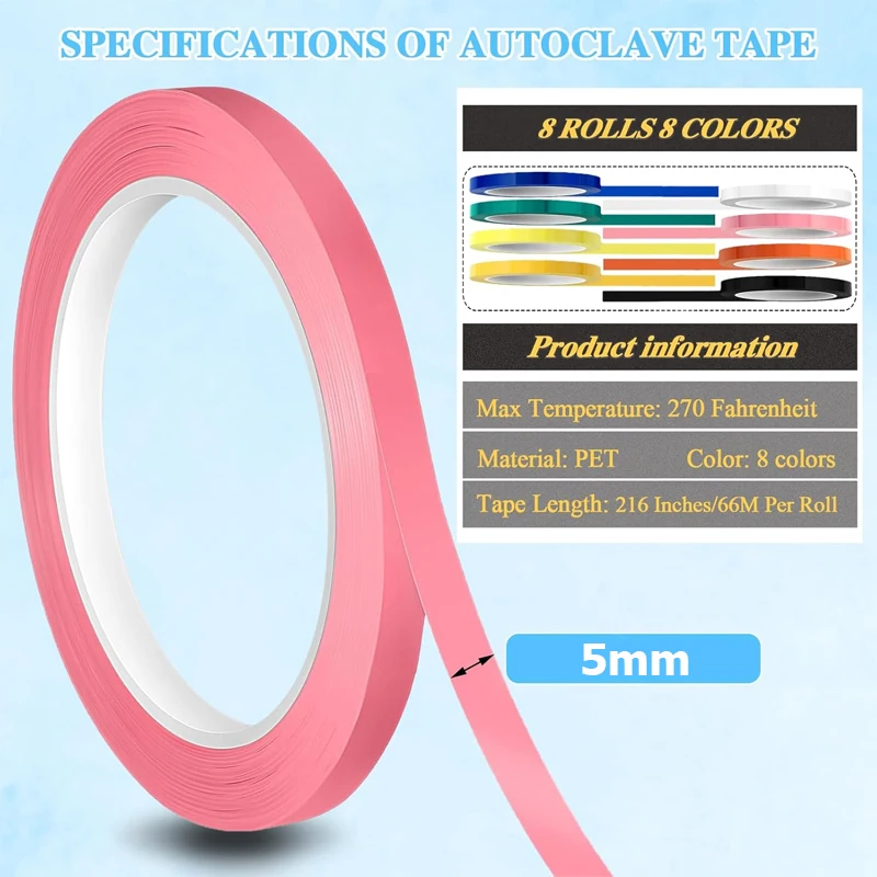 Cinta de identificación para instrumentos dentales AG 1Rolls de 5 mm, colorida, 66 m de longitud, resistente a altas temperaturas, 8 colores, autoclavable