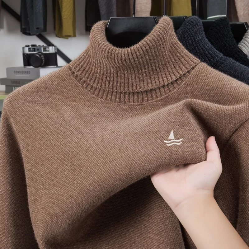 Advanced trend knitted high neck sweater men's luxury brand soft comfort plush warmth new sailboat embroidery casual pullover