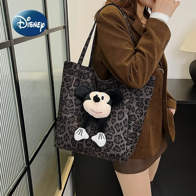 Disney Mickey New Women's Handbag Leopard Print Fashion Women's Shoulder Bag Cartoon Doll Casual Women's Bag Large Capacity