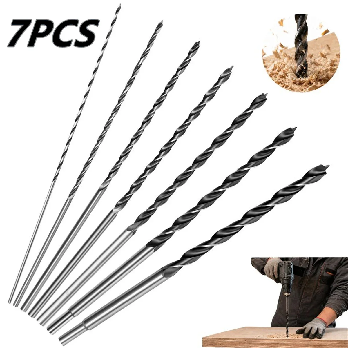 7PCS 12 Inch Extra Long Brad Point Wood Drill Bits Set 1/8 to 1/2 Inch Reduced Round Shank Twist Drilling Tool For Plastic PVC