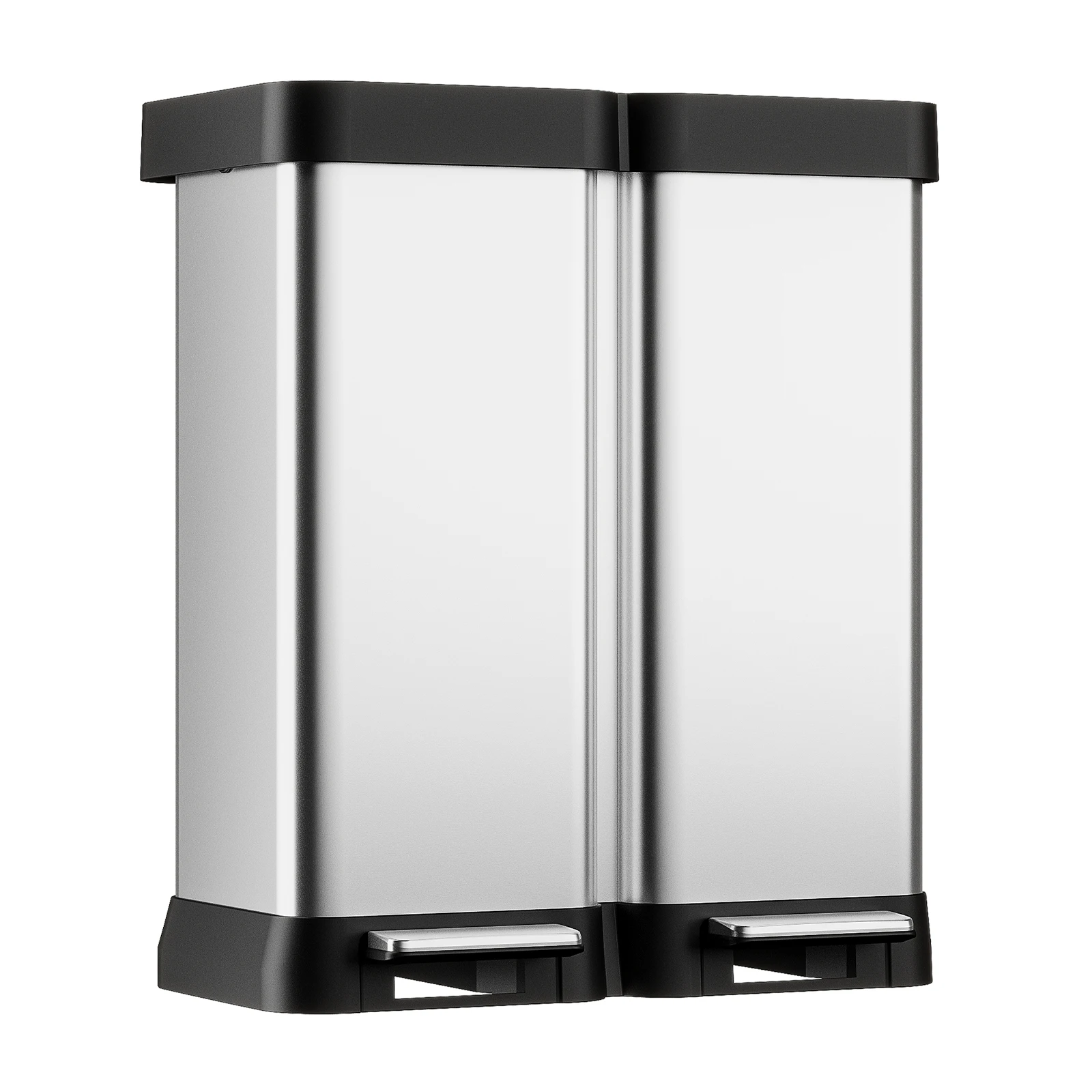 Dual Trash and Recycling Bin, 16 Gallon (60L, 2 x 30L) Stainless Steel Kitchen Trash Can with Dual Soft-Close Lids, Hands-Free Step Pedals, Fingerprint-Resistant Rectangular Design
