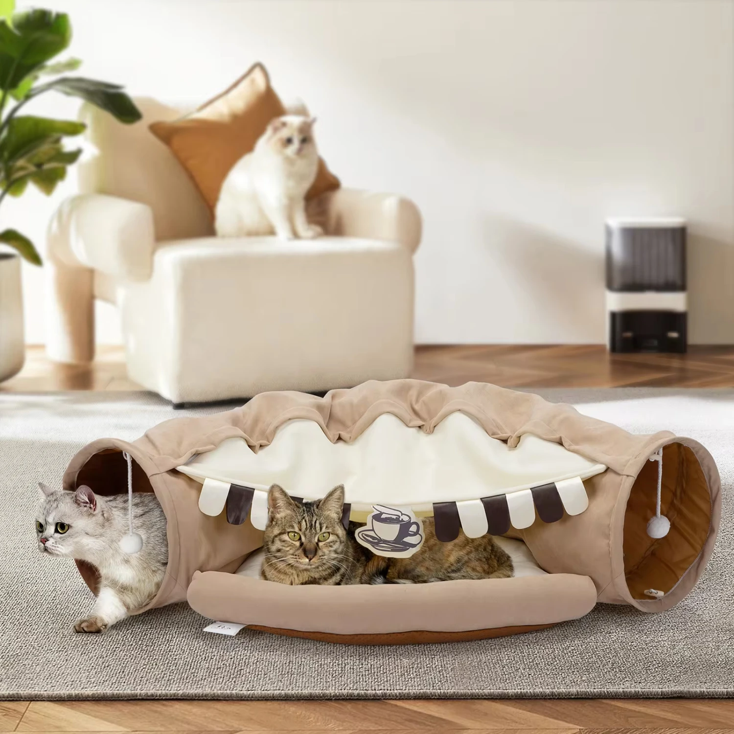 New Collapsible Cat Tunnel Bed  Indoor Cats, Washable Cat Hide Tunnel with Hanging Toys and Cushion Mat