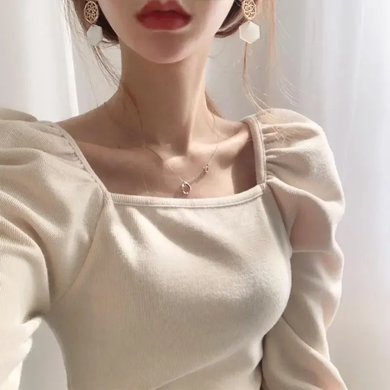 Thickened Velvet Square Neck Slim Fit Pleated Bubble Sleeve T-shirts Spring Ropa Mujer Shirts for Women Black Tops Knit V1470