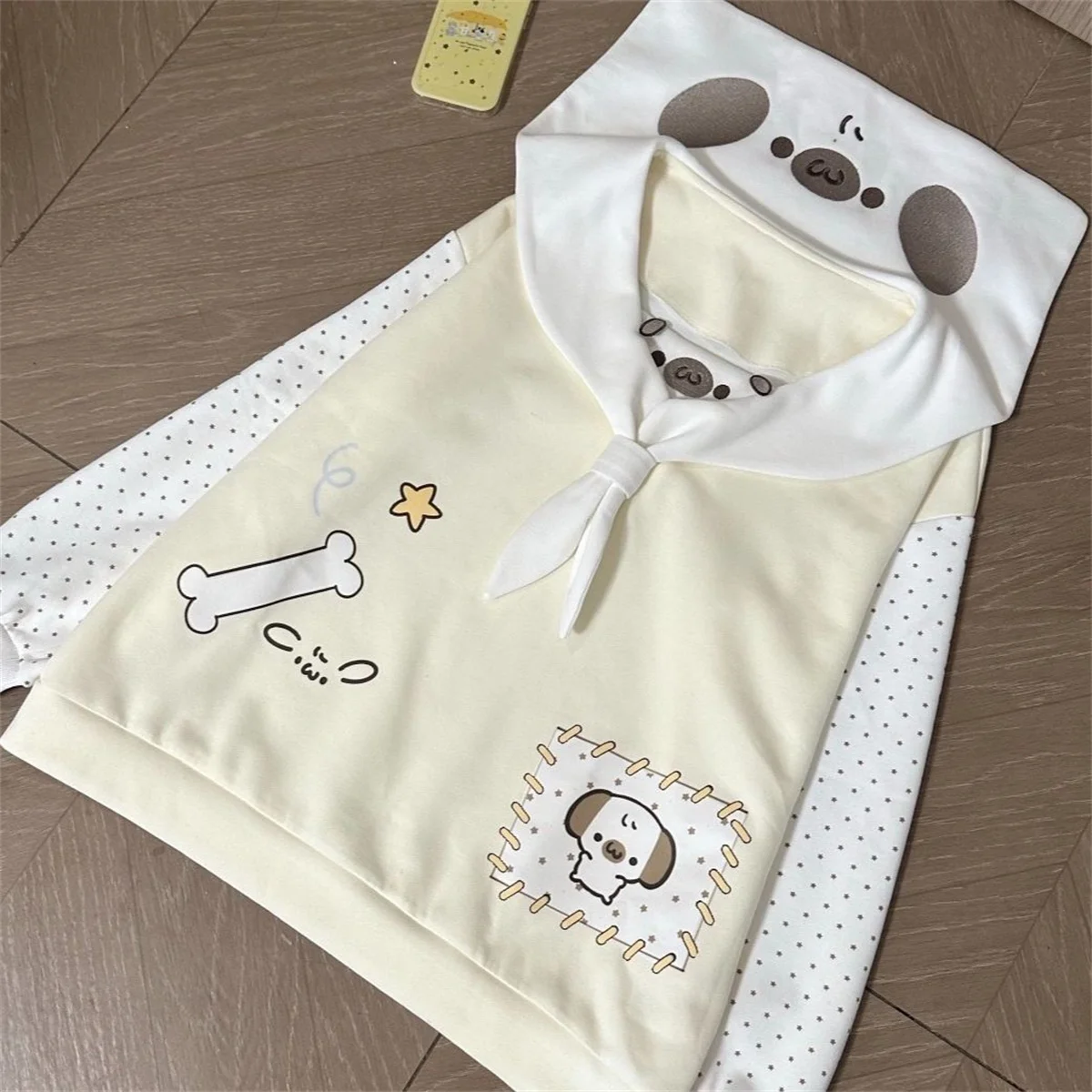 일본 만화 만화 강아지 프린트 ​ 여성용 스위트 세일러 칼라 참 스웨트셔츠 Y2K 에스테틱 물방울 무늬 로리타 후디