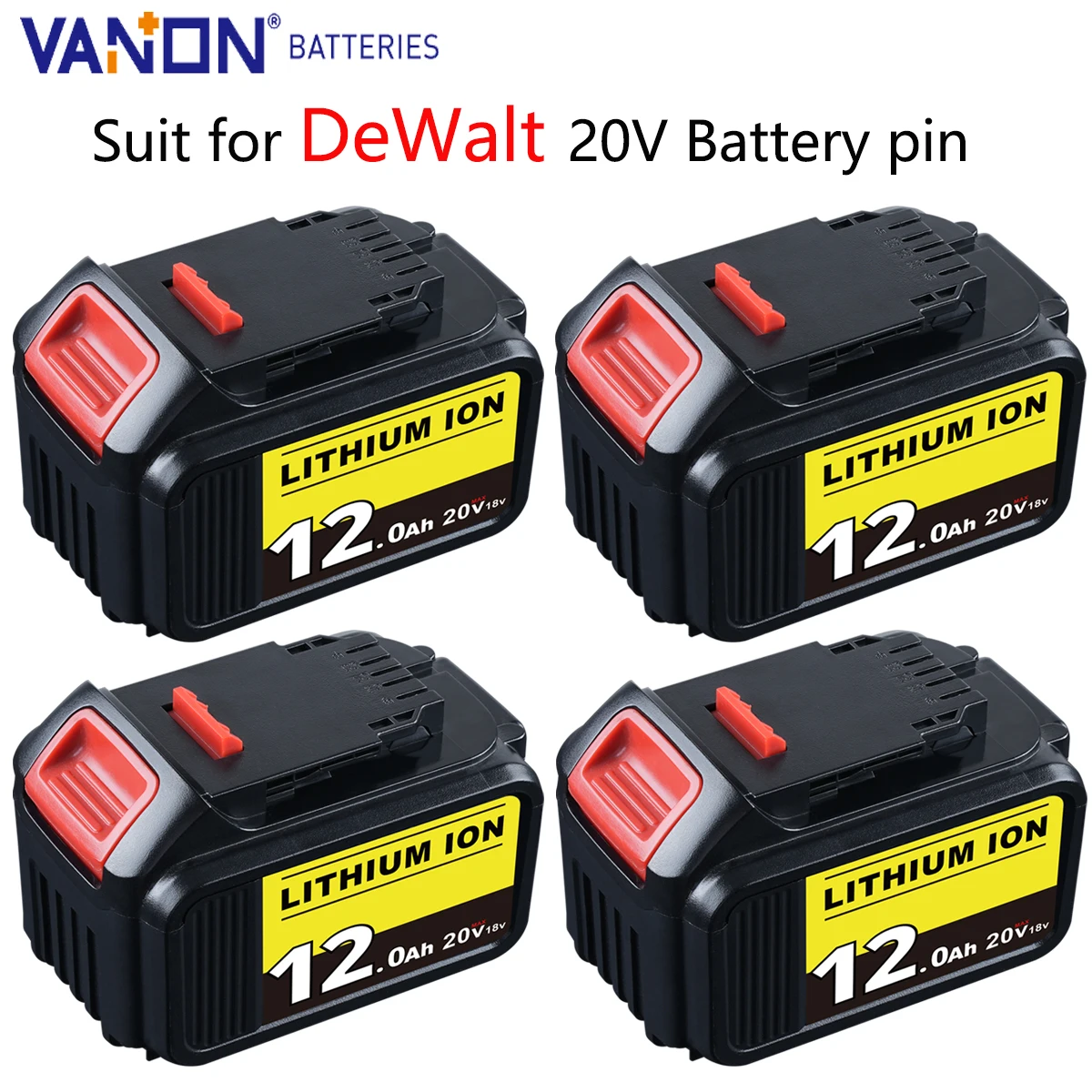 

Vanon 4Pack 12Ah DCB205 MAX 20V литиевая батарея Замена для DeWalt DCB200 DCB202 DCB206 DCB180 DCB183 Беспроводы Инструмент Штифт батареи