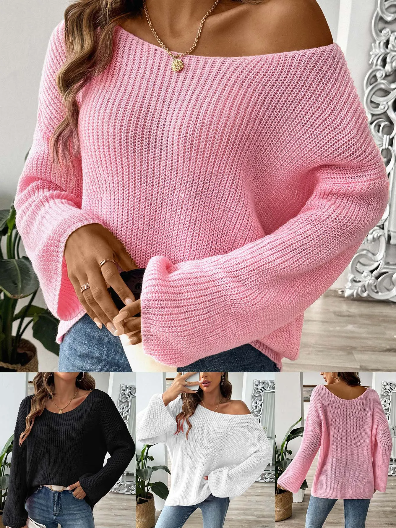 Women's pullover sweater tops European and American women's clothing simple loose one-shoulder off-shoulder trumpet sleeve women