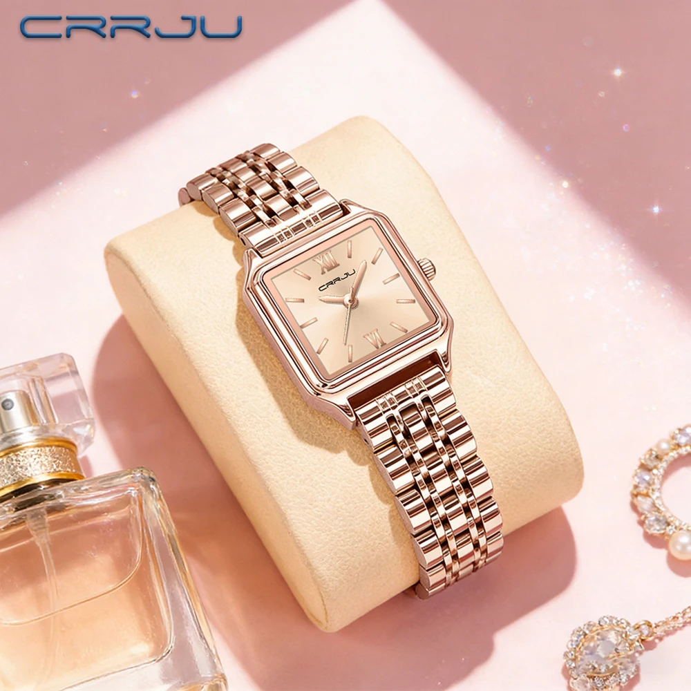 CRRJU Women'S Gift Watch Exquisite And Stylish Square Dial with Roman Numerals Versatile Quartz Waterproof Wristwatch