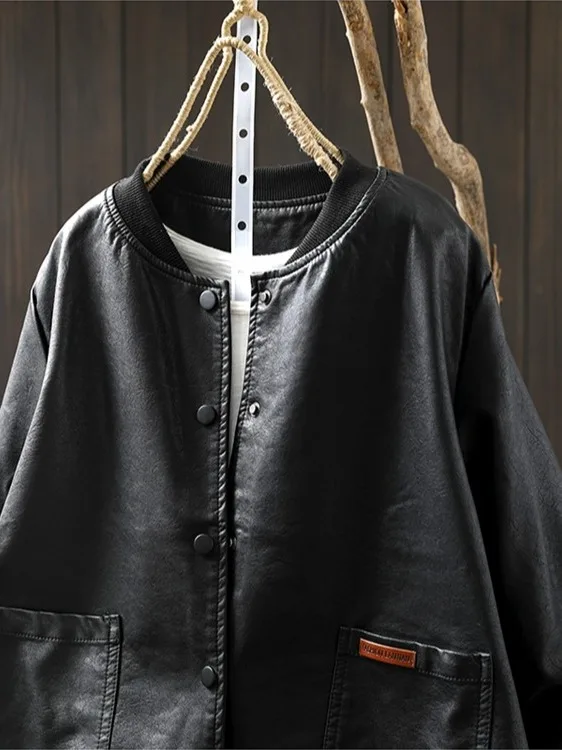 Casual Long Sve Stand Collar PU Leather Jaet Women's Personali Splicing Baseball Coat Trendy Autumn New Ba Ear Mus...