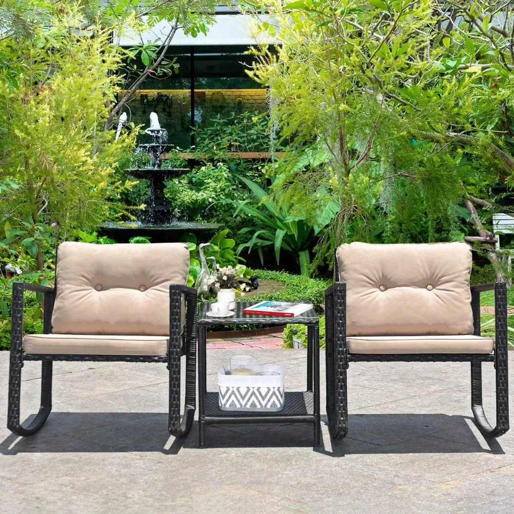 

3-piece set of terrace rocking chairs, outdoor rocking chairs and tables with cushions, glass coffee tables with storage