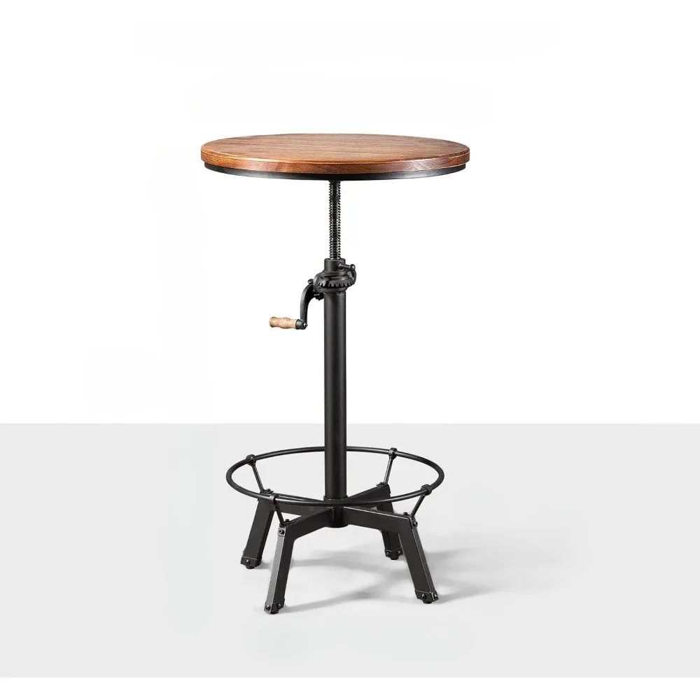 Whiskey bar table in a small tavern, with a rotating circular wooden top and metal base that can be easily adjusted by a crank