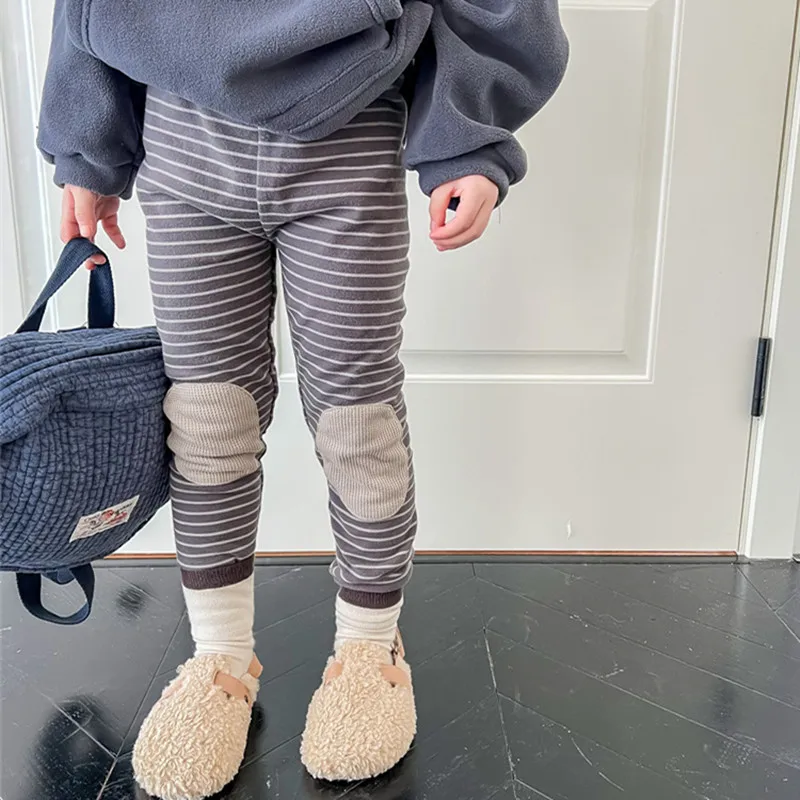 2026 Winter Toddlers Kids Striped Leggings Knee Applique Unisex Children Thicken Warm Skinny Pants