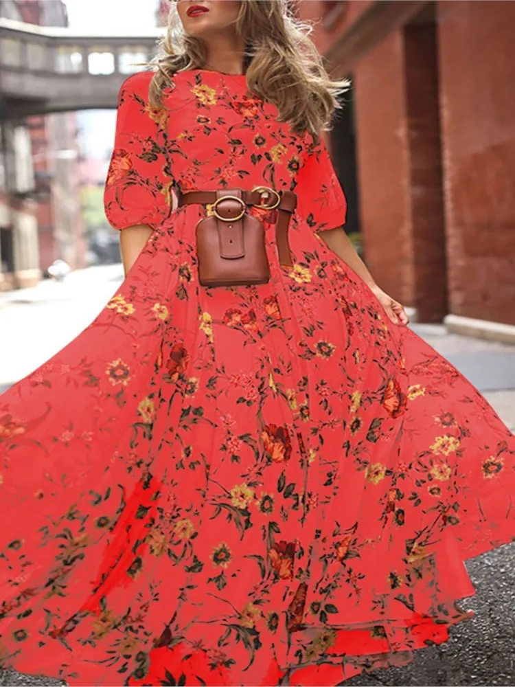 여성 패션 인쇄 편안한 캐주얼 드레스 여름 우아한 슬림 지능형 스타일 중반 허리 통근 라운드 넥 롱 스커트