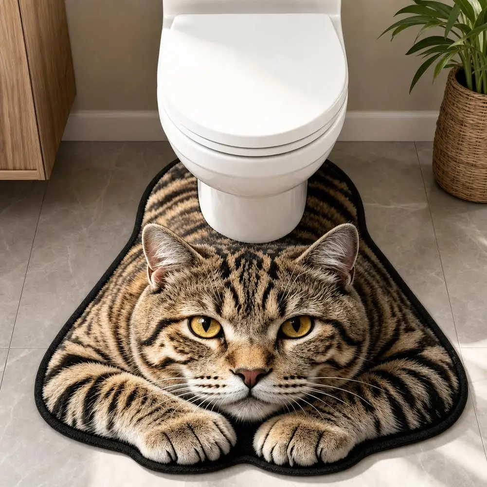 50x40cm Lifelike Cute Cat Bathroom Floor Mat U-Shaped Toilet Seat Mat Diatomaceous Earth Absorbent Splash Proof Mat