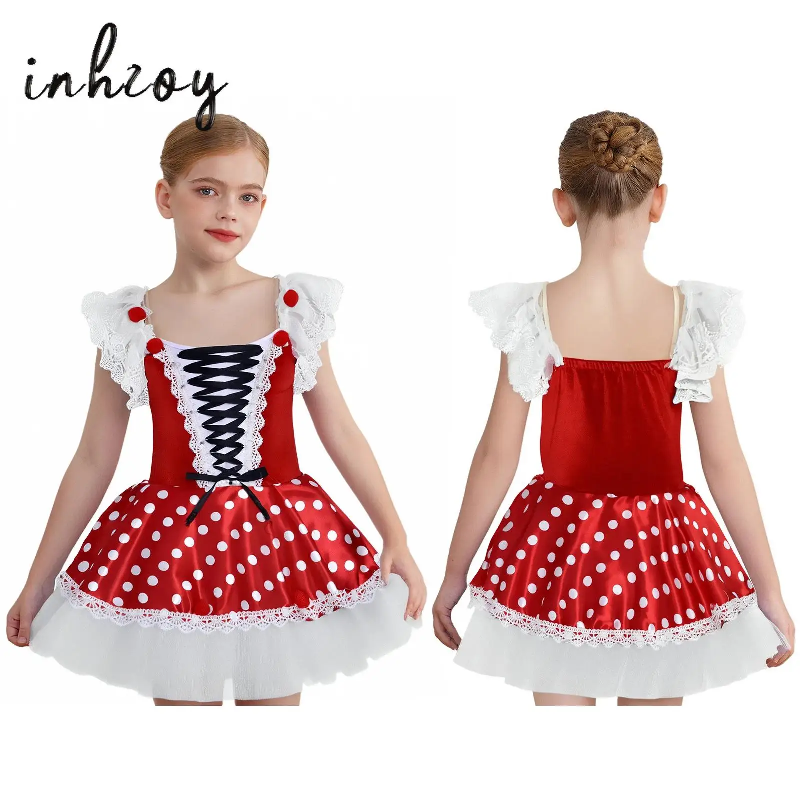 

Kids Girls Ballet Dance Dress Adjustable Shoulder Straps Lace Ruffled Sleeves Lace-up Velvet Patchwork Bodice Dots Tutu Dress