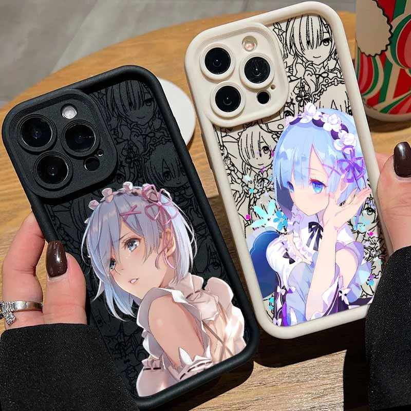 Coque de téléphone en silicone souple Indifferently Cute Rem pour Apple iPhone 17 16 15 14 13 12 Mini 11 Pro Max avec motif yeux et échelle