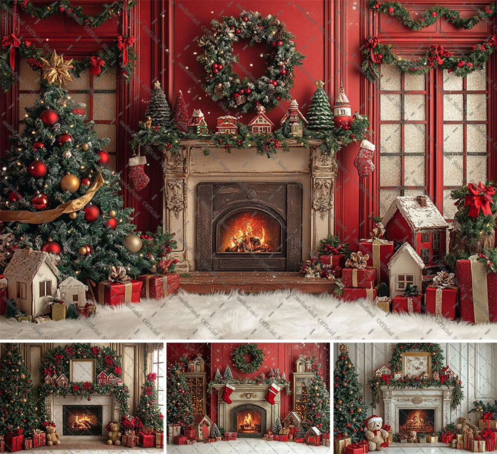 Mehofond التصوير خلفية عيد الميلاد لوحة جدار الموقد الدب شجرة عيد الميلاد الاطفال الأسرة صورة ديكور خلفية استوديو الصور