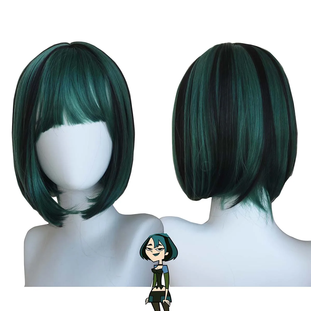 High Quality Women Anime Total Drama Cosplay Gwen Green Mixed Black Bob Hair Wig