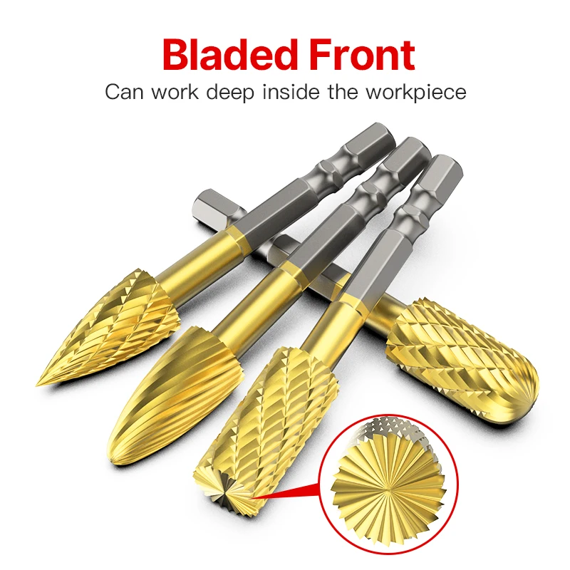 HUHAO Titanium Coating Carbide Hexagon Shank Rotary Burrs for Metal Wood Rotary File Engraving Grinding Polishing Bit CNC Tools