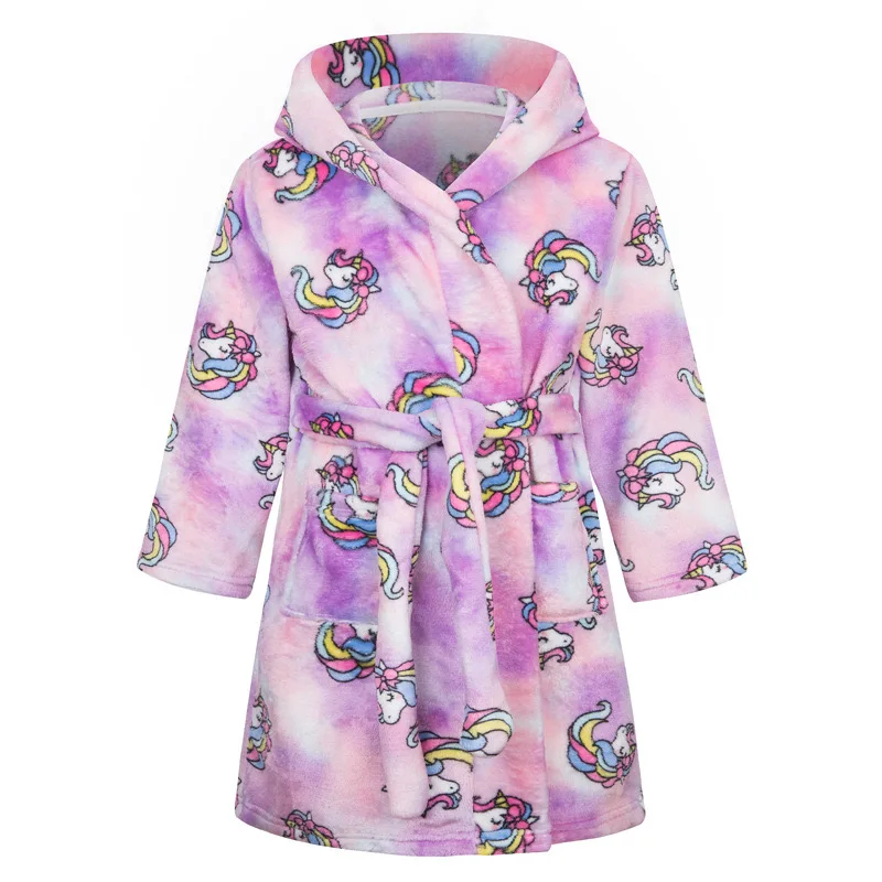 New Kids Hooded Flannel Bathrobe Baby Bath Unicorn printed Robes Boy Girls Cute Cartoon Soft Warm Pajamas Long Sleeve Towel Robe