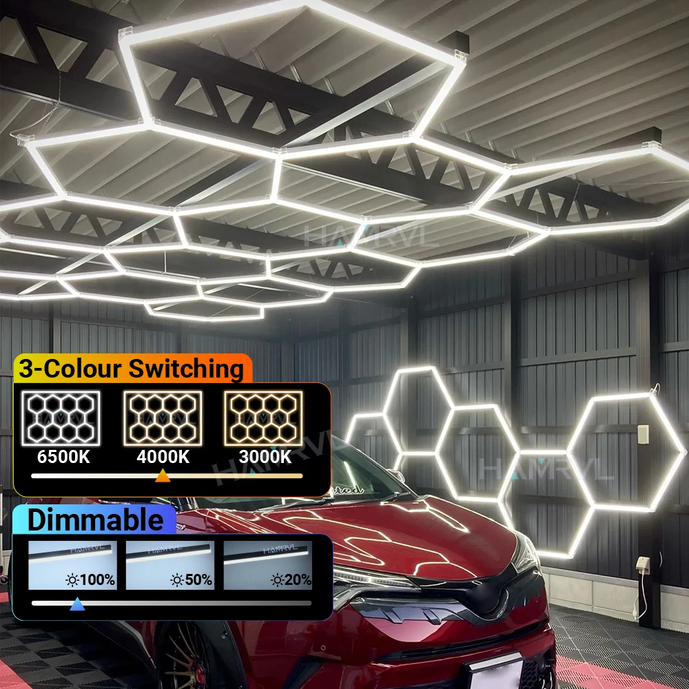 

3000K-6000k Dimmable Hexagon LED Natural Lighting for Garage Lights Home Ceiling large Honeycomb Lamp 4S Car Barber Workshop Gym