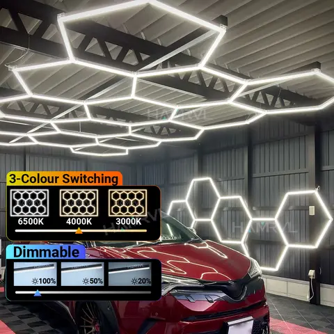 3000K-6000k 디밍 가능 육각형 LED 자연광 차고 조명 가정용 천장 대형 허니콤 램프 4S 자동차 이발소 작업장 체육관