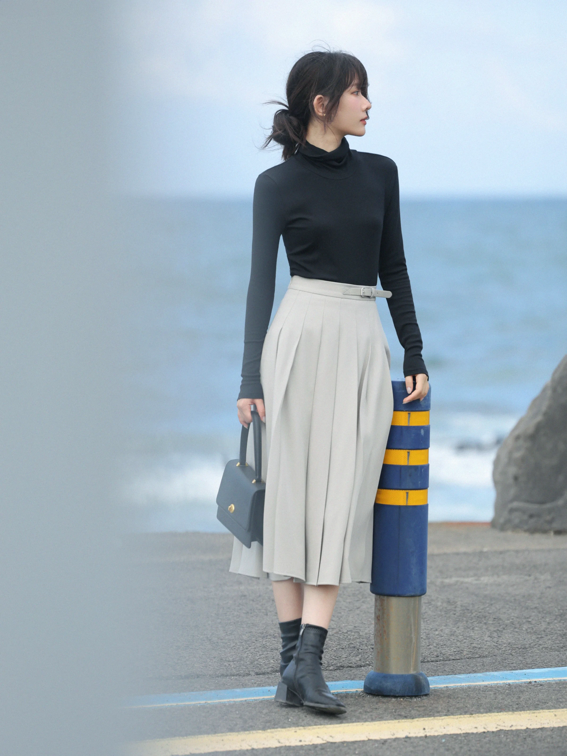 Elegant High Waist Pleated Skirt Casual A-Line Midi Skirt Flowy Slimming Umbrella Skirt  Autumn Petite Office or Daily Outfits
