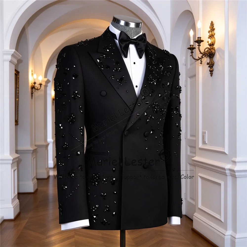Hand Work Suits Men For Wedding Guest Black Stones Double Breasted Jacket Pants 2 Pieces Groom Dinner Party Tuxedo Male Clothing