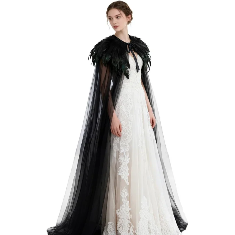 

❤️❤️❤️L'VOW Women's Gothic Feather Cloak Gothic Tulle Cape with Feather Collar Vampire Cloak Witches Cape Cosplay Costume❤️⭐️❤️