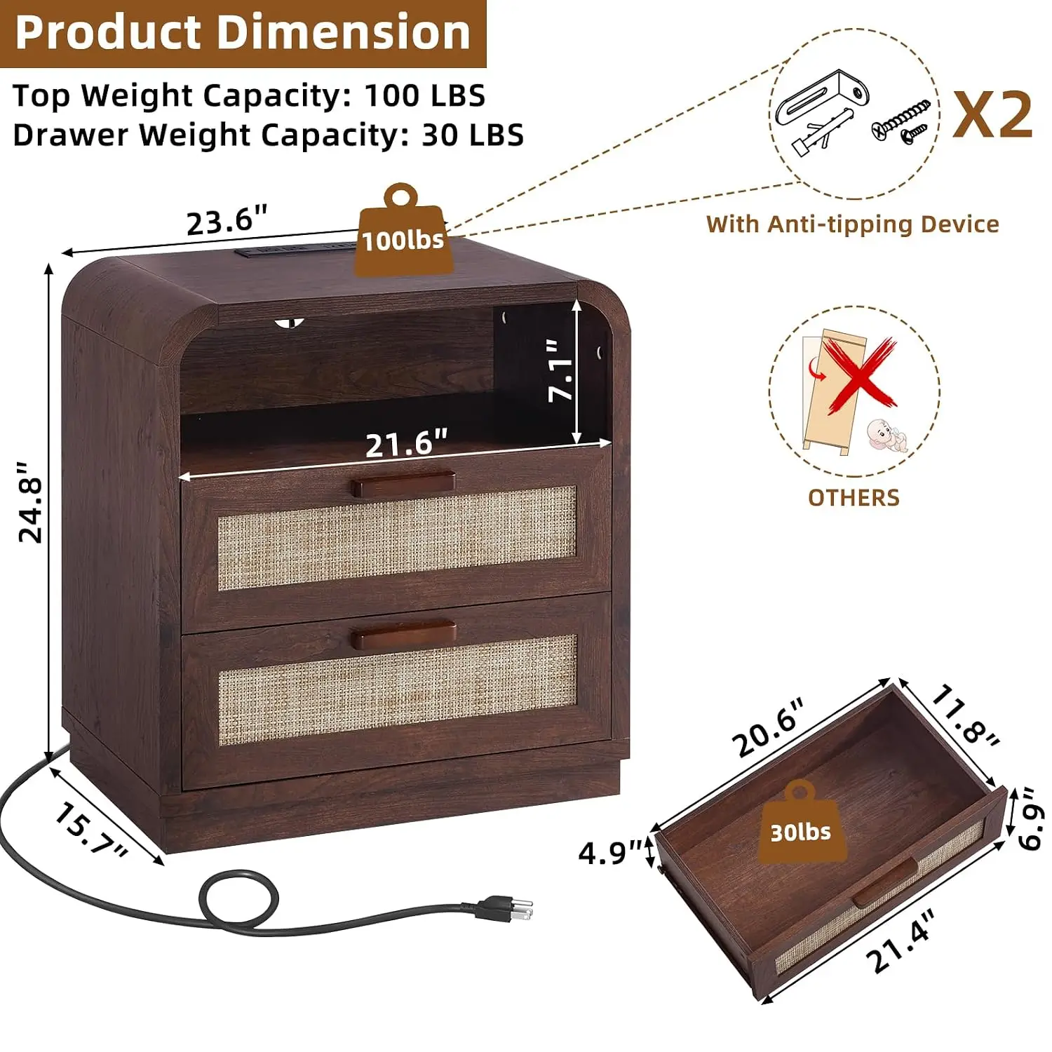 Rattan Nightstand With USB Charging Station, Walnut, Customized