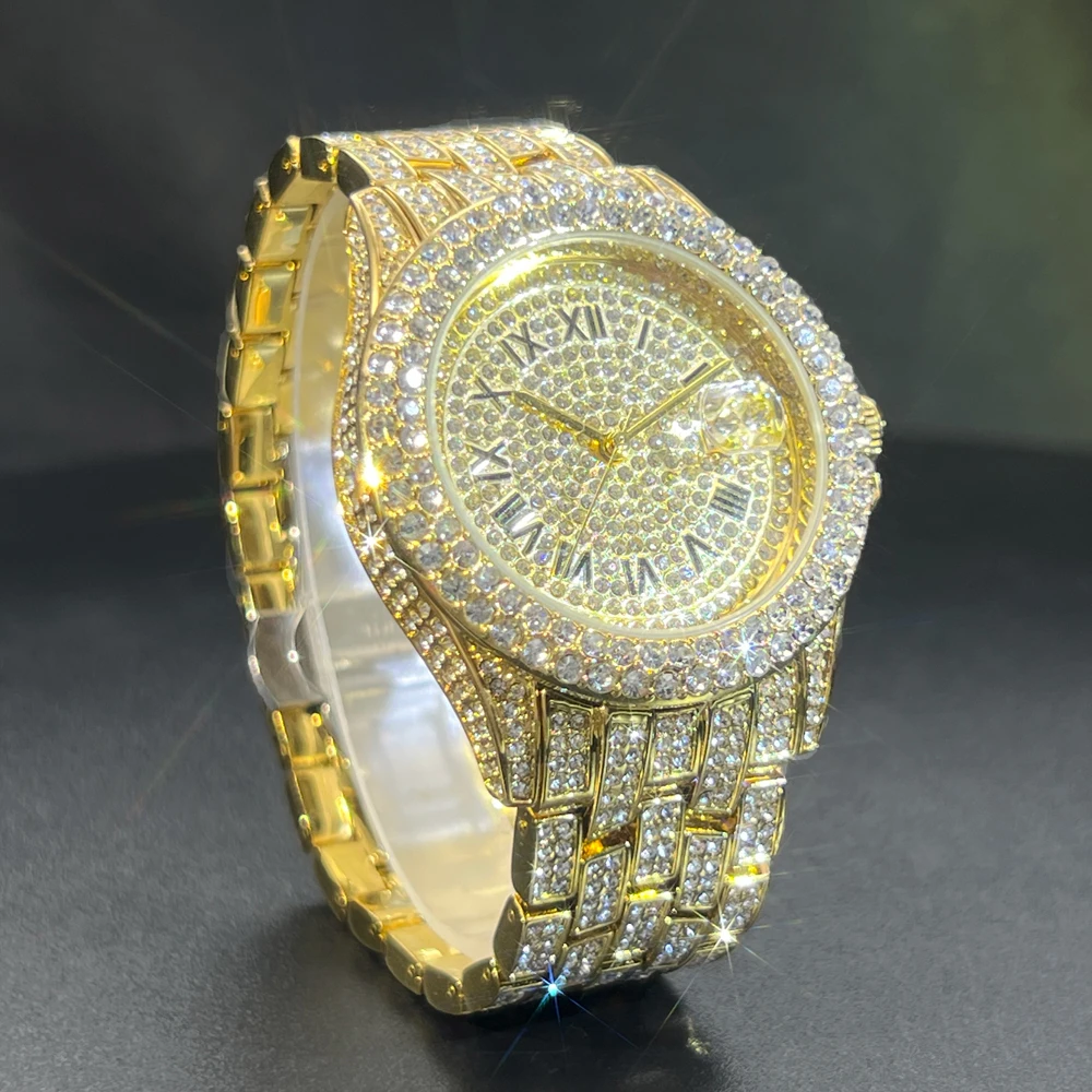 Full Iced Out Watch For Men Luxury Gold Hip Hop Diamond Quartz Mens Watches Waterproof Day Date Clock Hot Selling Product 2024