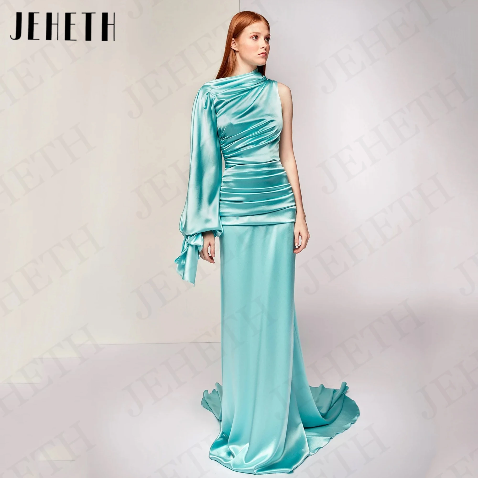 

JEHETH Dubai One Shoulder Evening Dresses For Women Light Blue Party Simple Satin Pleats Mermaid Wedding Guest Dress فساتين سهره