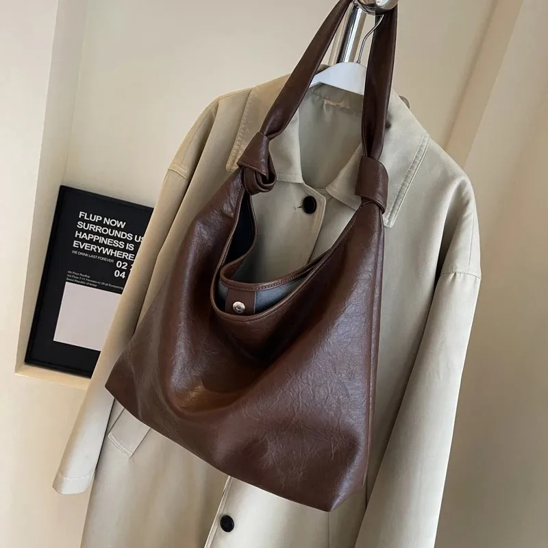 Retro Leather Tote Bag Women Large Capacity Shoulder Bags Luxury Fashion Brown Handbags Shopping 2024 New Big Underarm Hobo Bag