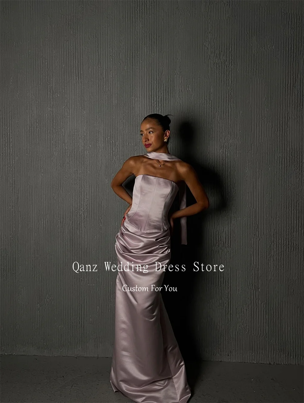Qanz 控えめなサテンマーメイドウエディングドレス ストラップレスイブニングドレス レディース バックレス ベスティドス デ フィエスタ エレガンテス 2025 カスタムメイド