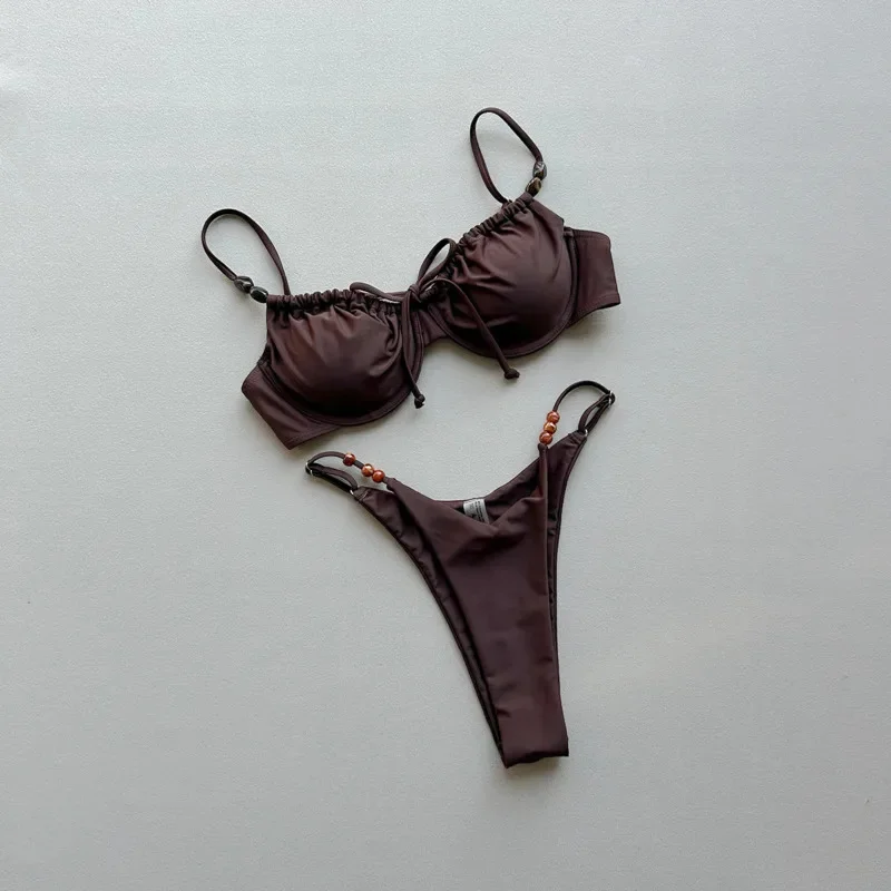

Bikini Swimwear Swimsuit Sexy Women Two Piece Triangle Top High Cut Bottom Brown Solid Color Beach Summer Vacation