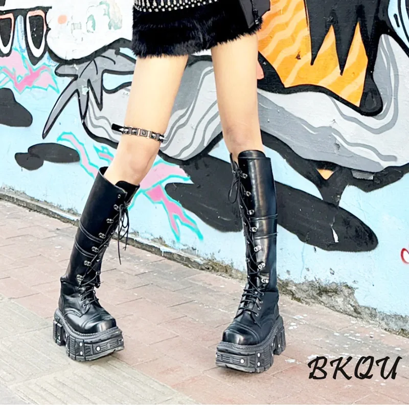 

BKQU Knee-high Boots Women 2024 New Fall Lace-up Knight Boots Thick Soled Heavy Metal Punk Shoes Dark Boots Metal Decoration