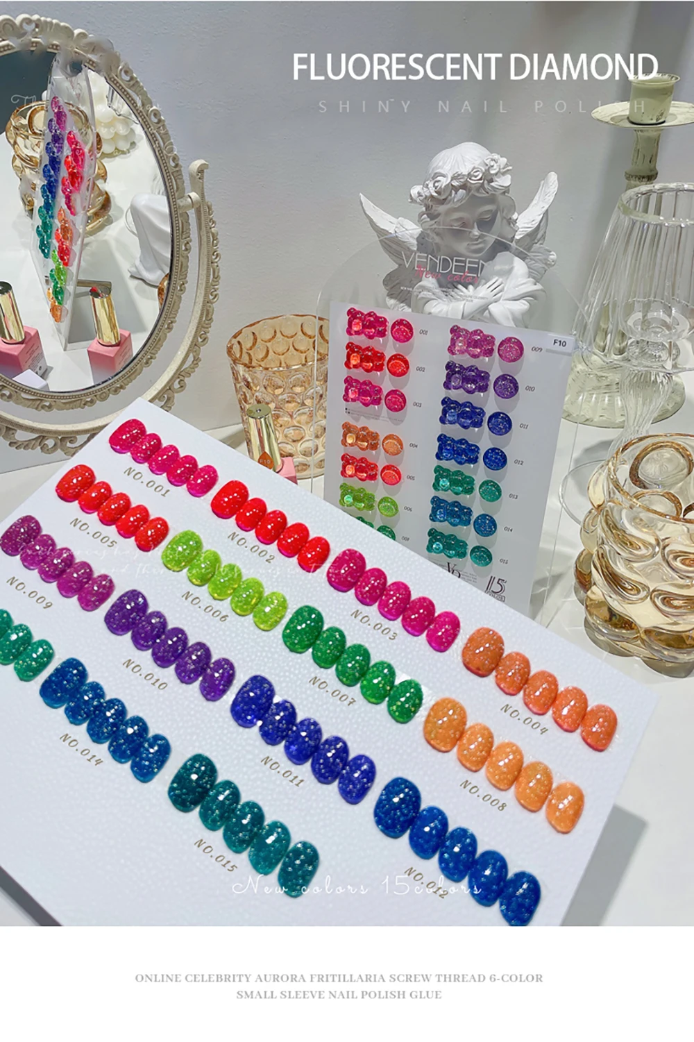 Vendeeni 15 Farben/Set Glitzer-Broken-Diamond-Gel-Nagellack, semi-permanenter UV-LED-Soak-Off-Gel-Lack mit Display – Detail 3