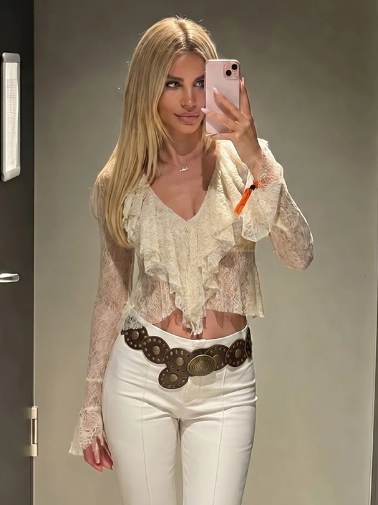 Woman Clothing 2026 Ruffles See-through T-shirt High Street Ladies Fashion Flare Sleeve Solid Tee Shirts Sexy Slim Crop Tops