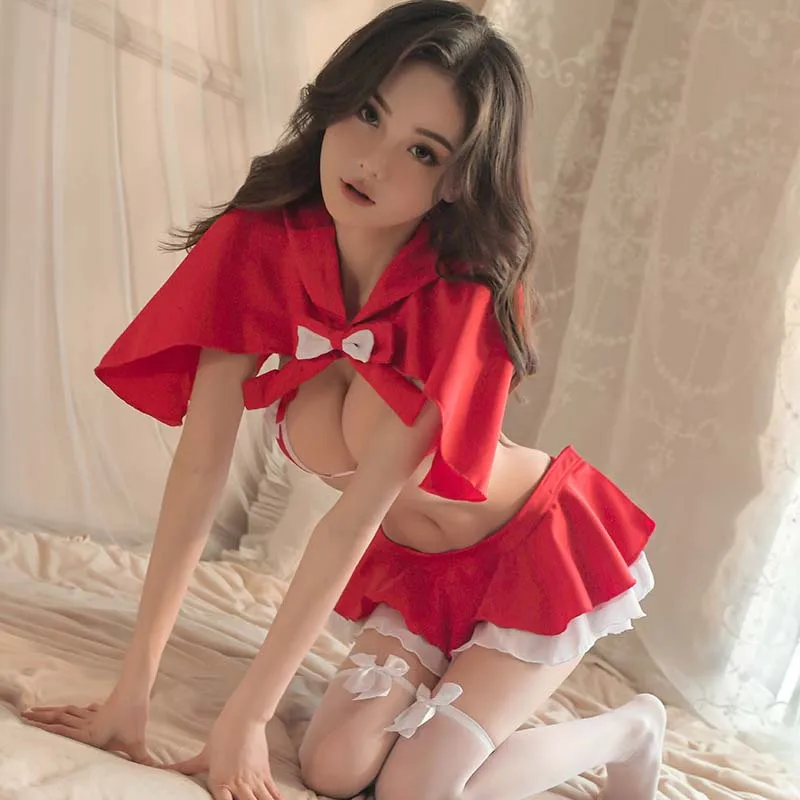 Sexy Women Cat Costumes Christmas Hooded Cloak Outfit Ipen Bra Mini Skirt Lingerie Red Exotic Set Bowknot Stockings