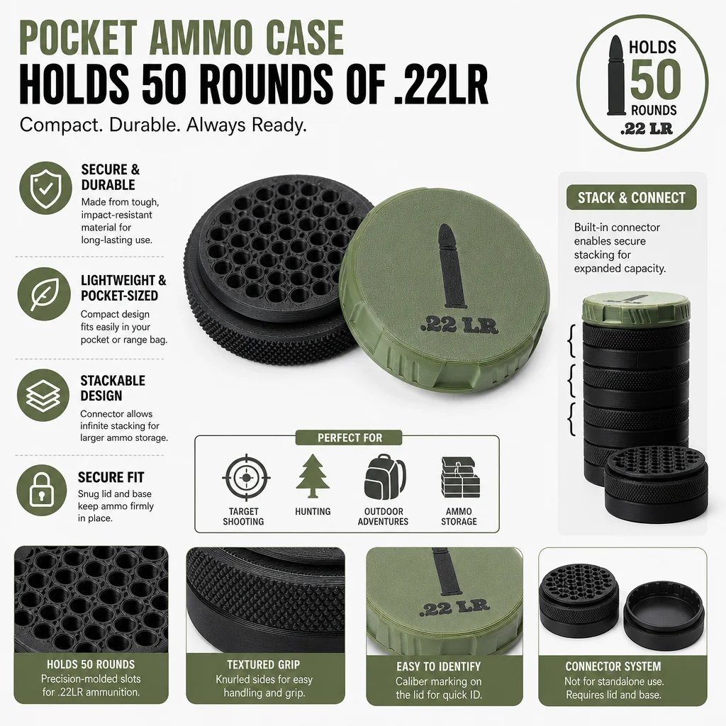 Compact, Stackable Ammunition Storage Box That Holds 50 Rounds of 22LR Ammunition, Making It Easy to Carry.