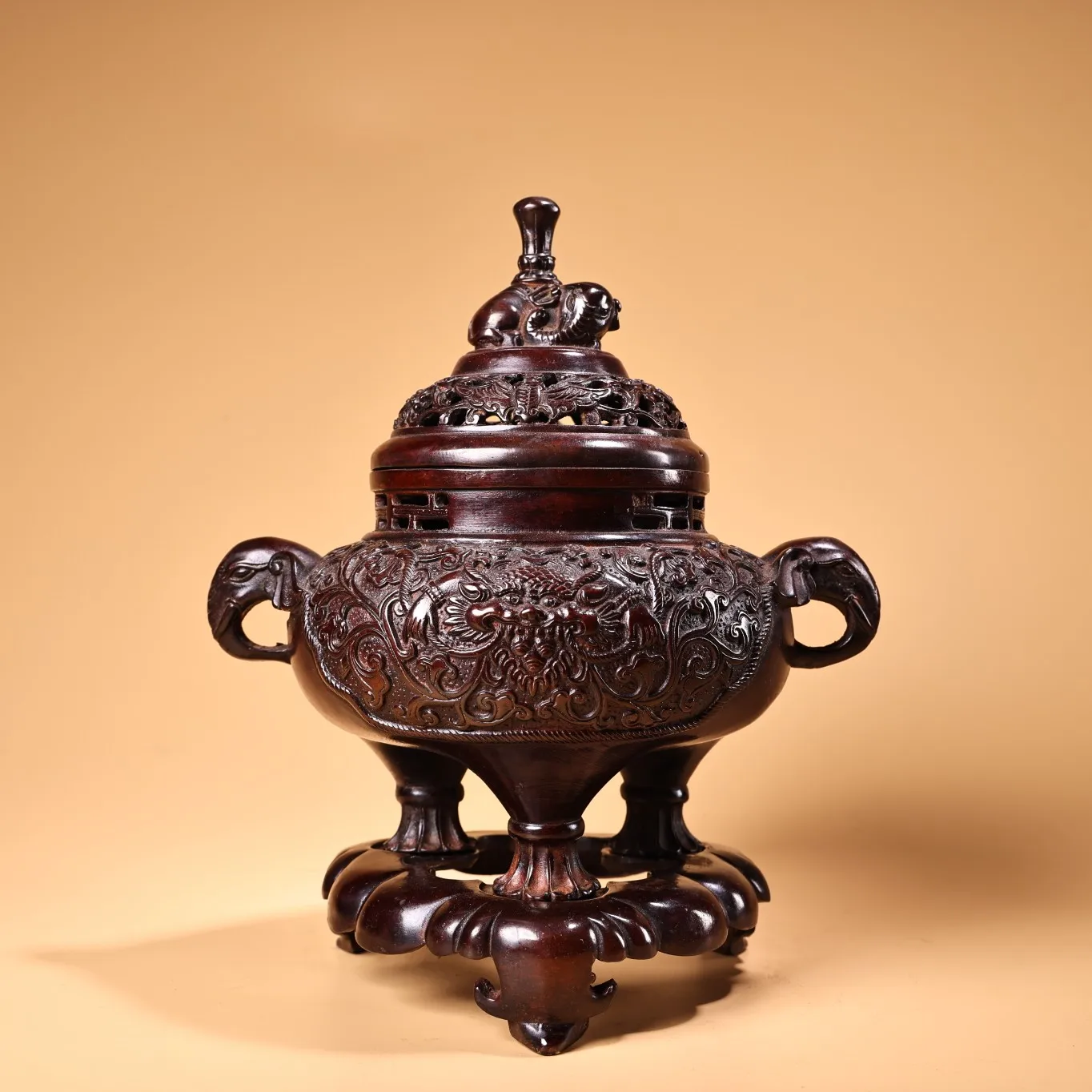 

9"Tibetan Temple Collection Old Purple Bronze Cinnabar Dragon Brave Troops Two Ears Three feet incense burner Town House