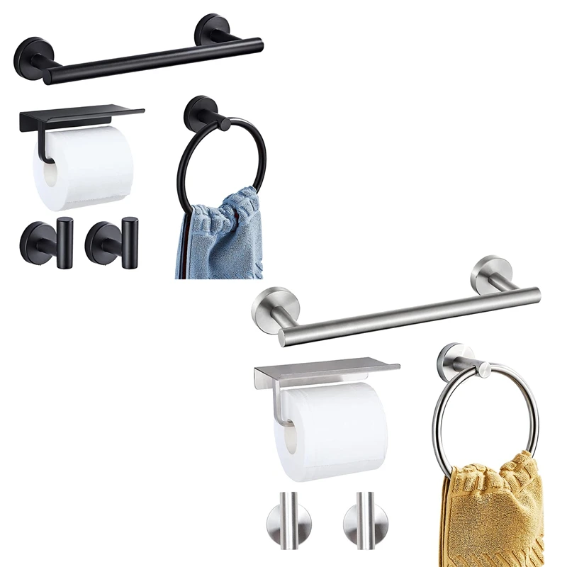 

5 Pieces Bathroom Hardware Set, Include 16 Inches Towel Bar, Towel Ring, Toilet Paper Holder With Shelf, 2 Hooks