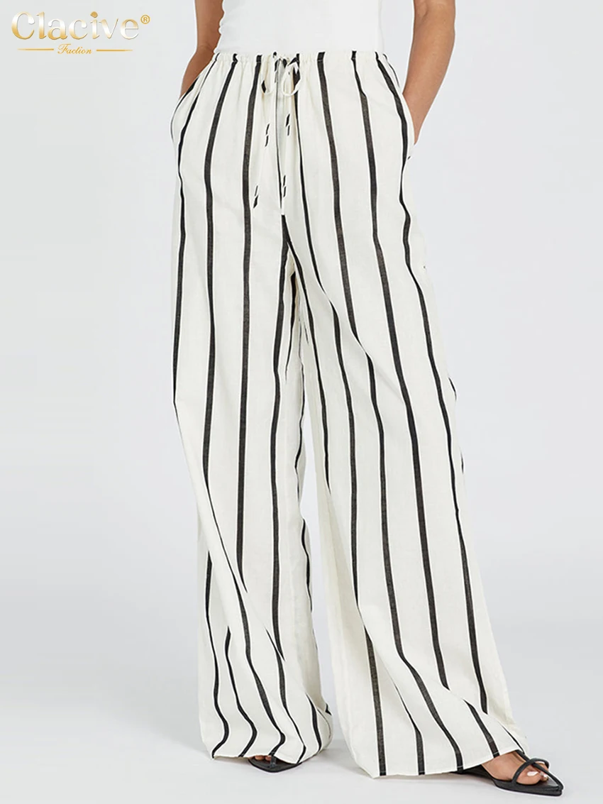 Clacive Fashion Loose Stripe Print Women\'S Pants 2024 Elegant High Waist Wide Pants Casual Full Length Trousers Female Clothing